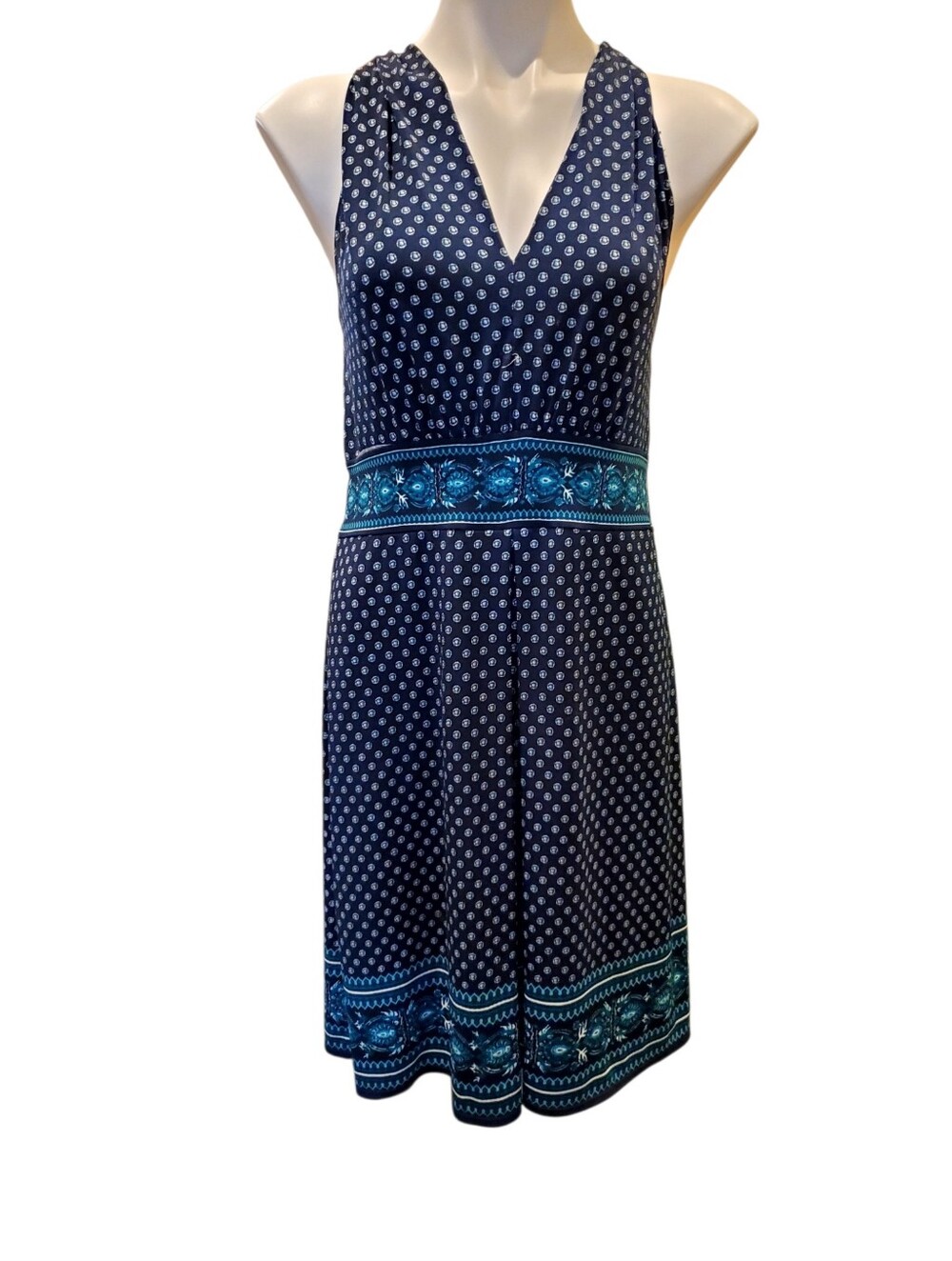 Max Studio Navy & Teal  Sleeveless V-Neck Halter Retro Geometric Midi Dress Sz L